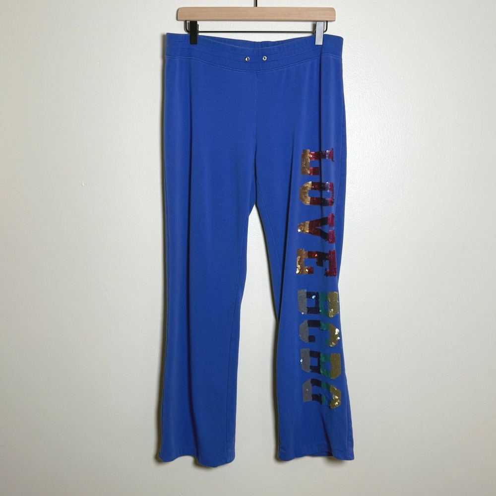 BCBG Max Azria Womens Wide Leg Sweatpants‎ XL Royal Blue Sequin Love Graphic